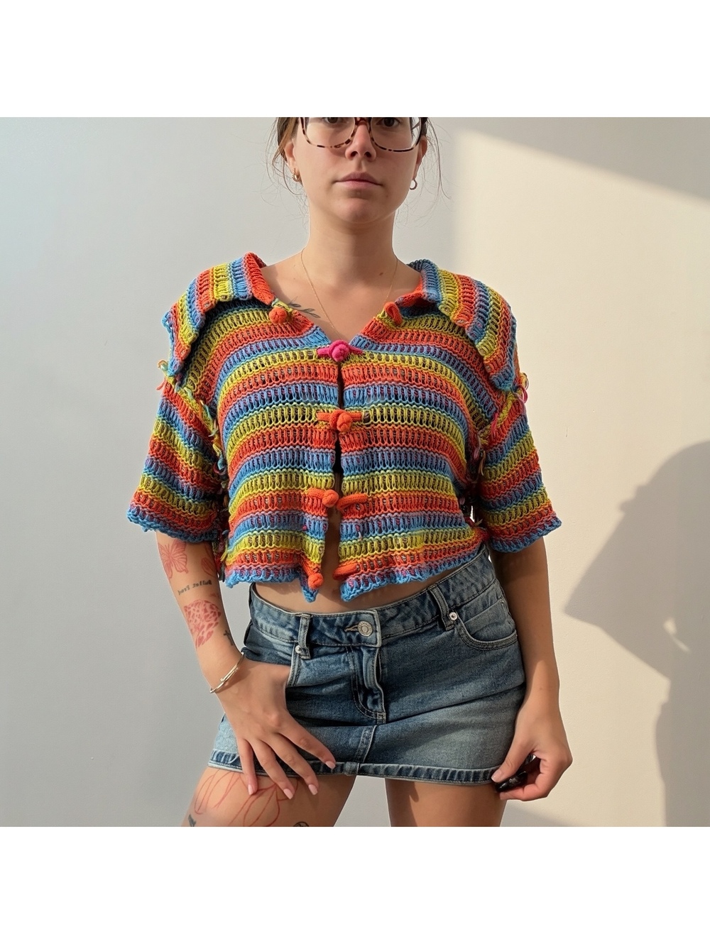 Vintage Rainbow Open-Knit Crochet Cardigan